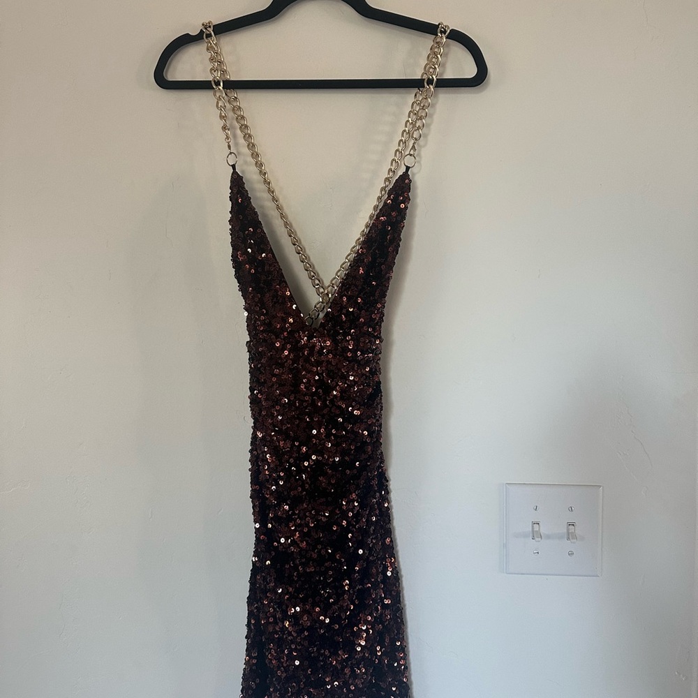 Sequin V-Neck Dress with Chain Straps - Brown